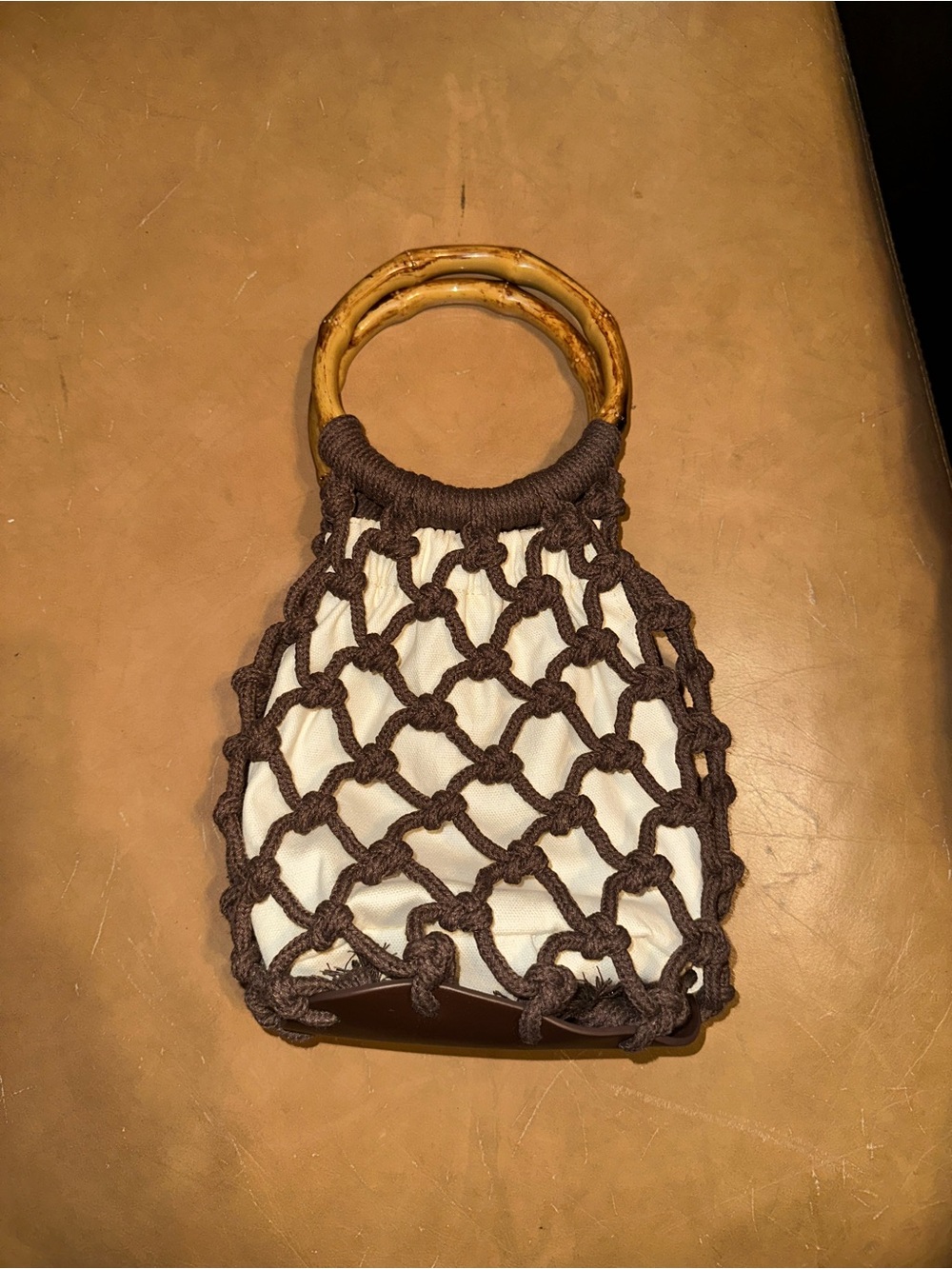 Old Navy Brown Macramé Mini Bag with White Liner & Bamboo Handles